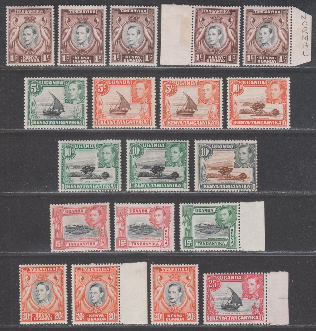 Kenya Uganda Tanganyika 1938-54 KGVI Set to 25c with Shades Mint SG131-140