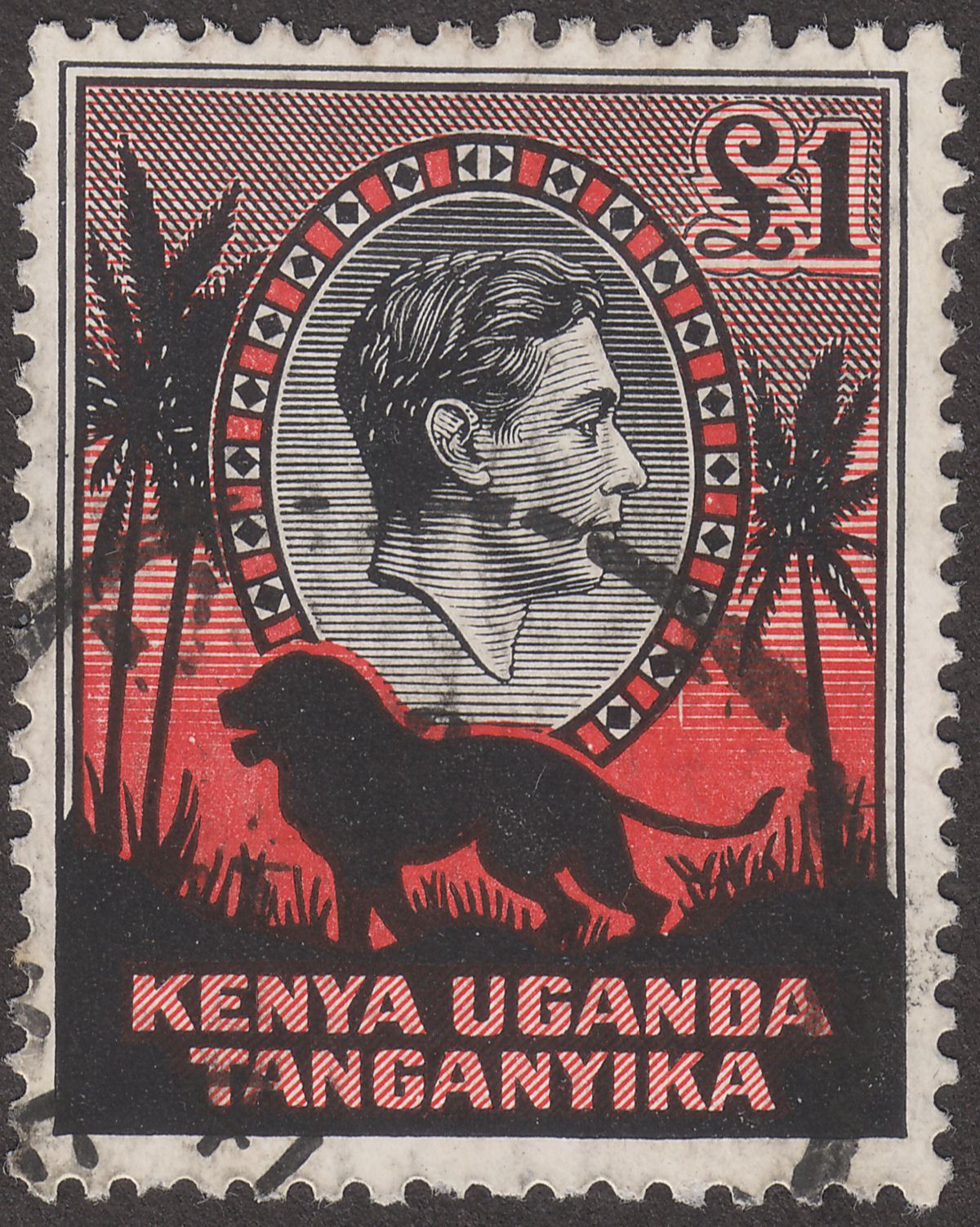 Kenya Uganda Tanganyika 1938 KGVI Lion £1 Black + Red p11¾x13 Used SG150 cat£180