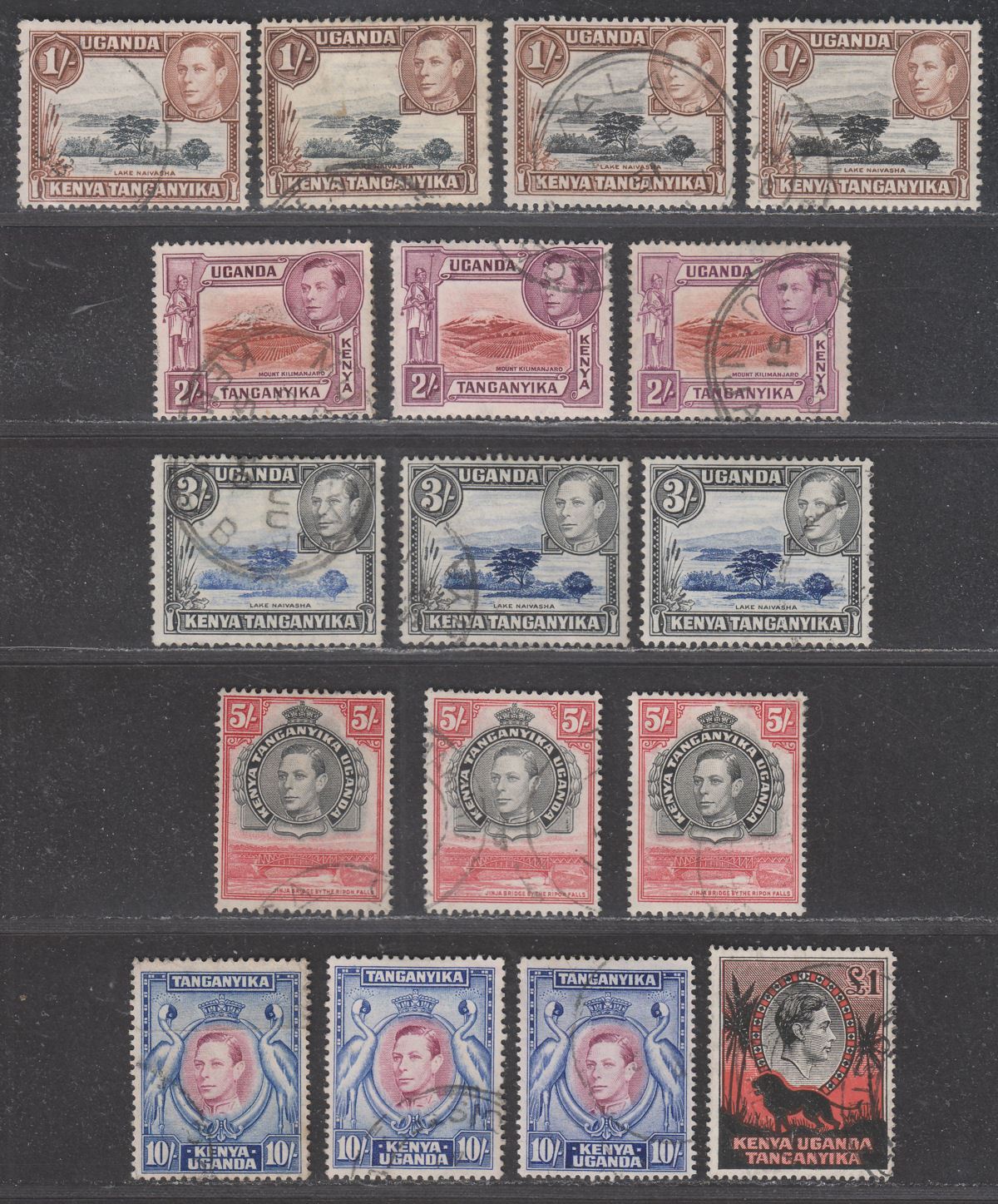 Kenya Uganda Tanganyika 1938-54 KGVI 1sh - £1 Part Set with Shades Used
