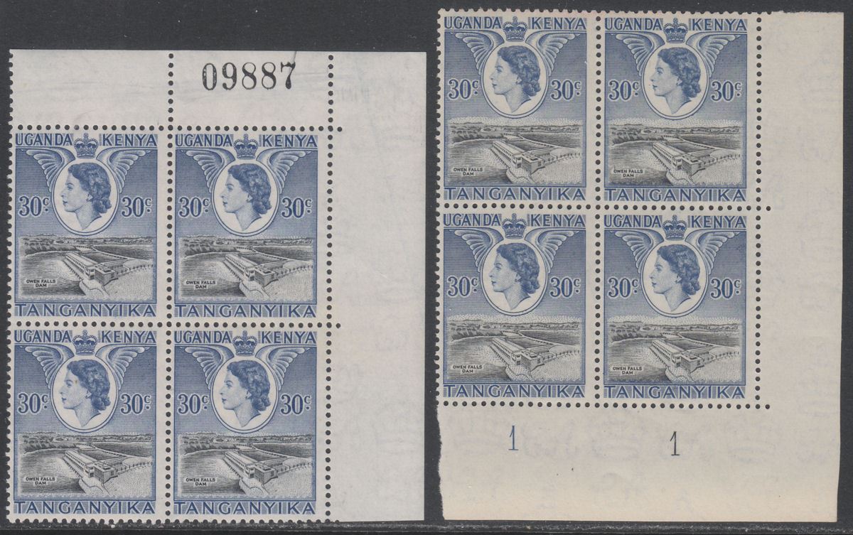 Kenya Uganda Tanganyika 1954 QEII 30c Sheet No / Plate No Blocks of 4 Mint SG171