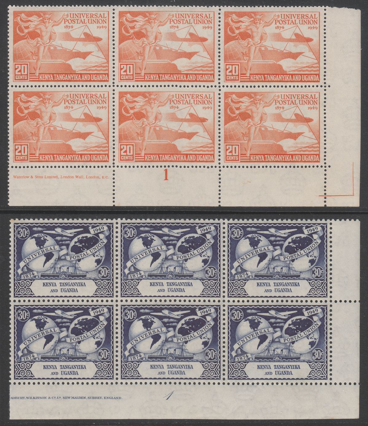 Kenya Uganda Tanganyika 1949 KGVI 75th Anniv UPU Plate Block Set Mint SG159-162