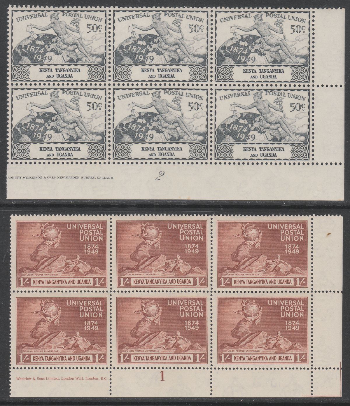 Kenya Uganda Tanganyika 1949 KGVI 75th Anniv UPU Plate Block Set Mint SG159-162