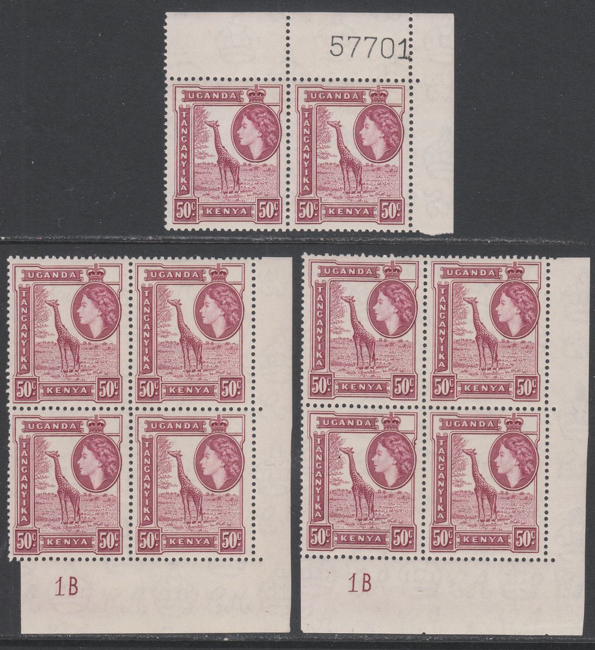 Kenya Uganda Tanganyika 1954 QEII 50c Sheet No / Plate No Blocks of 4 Mint SG173