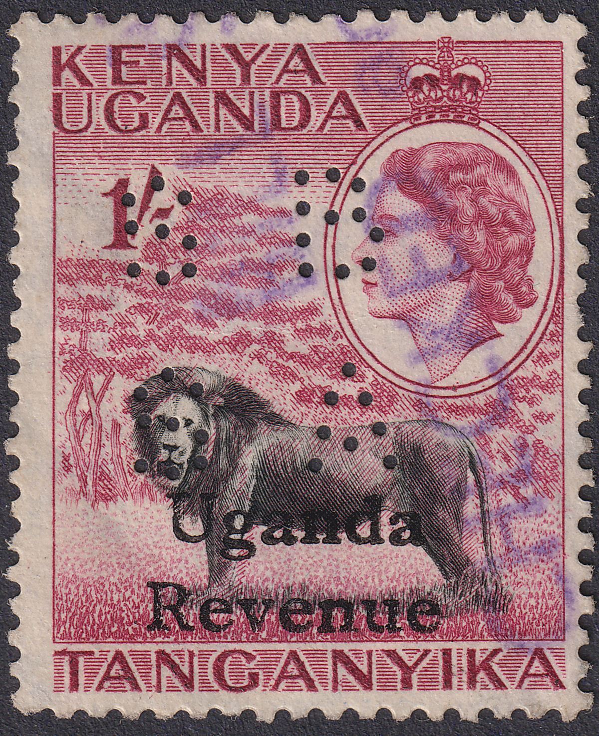KUT 1954 QEII Uganda Revenue Overprint 1sh Black + Claret SBSA Perfin Used BF143