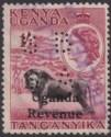 KUT 1954 QEII Uganda Revenue Overprint 1sh Black + Claret SBSA Perfin Used BF143