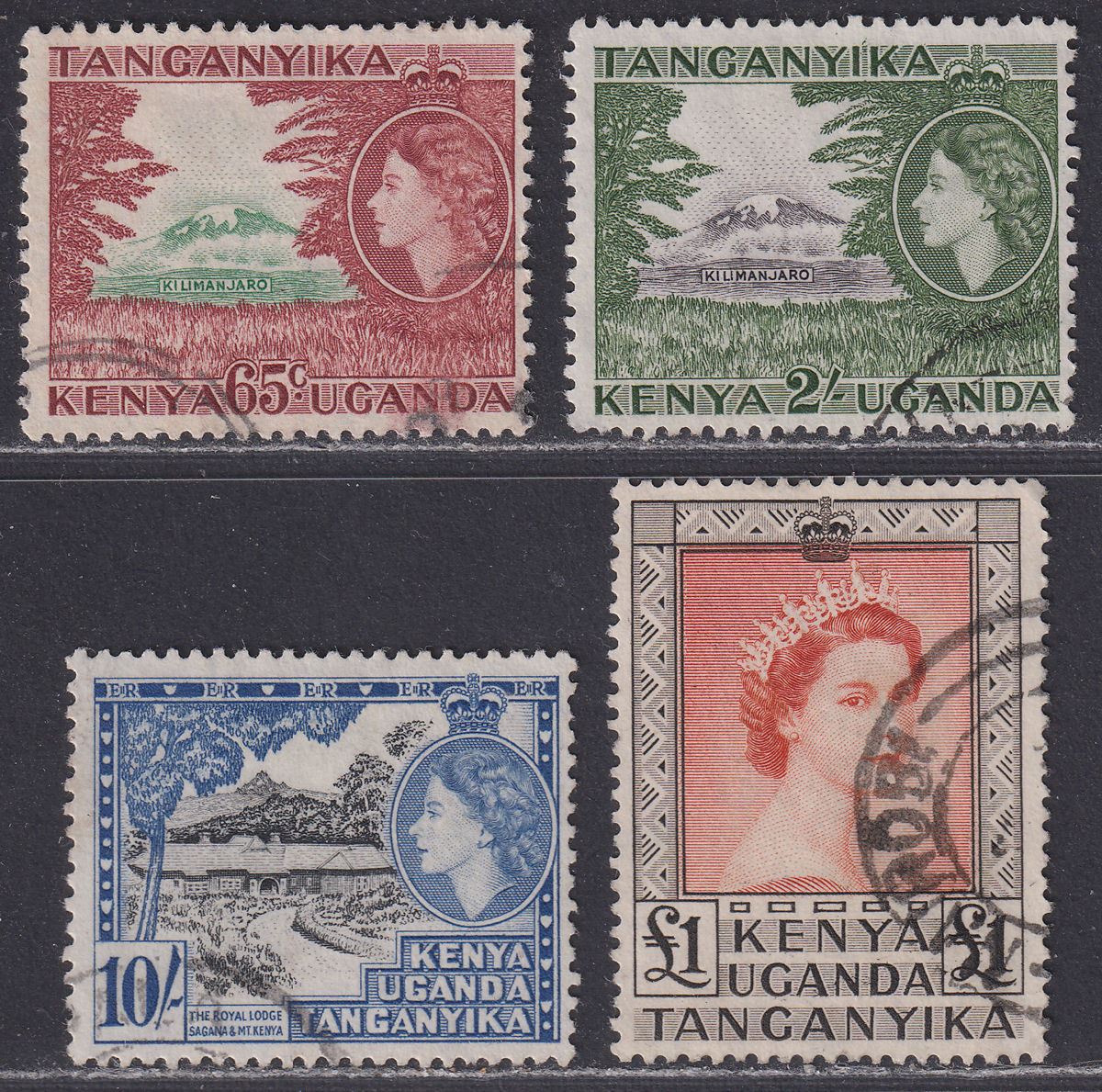 Kenya Uganda Tanganyika 1954 QEII 65c, 2sh, 10sh, £1 Used at £32
