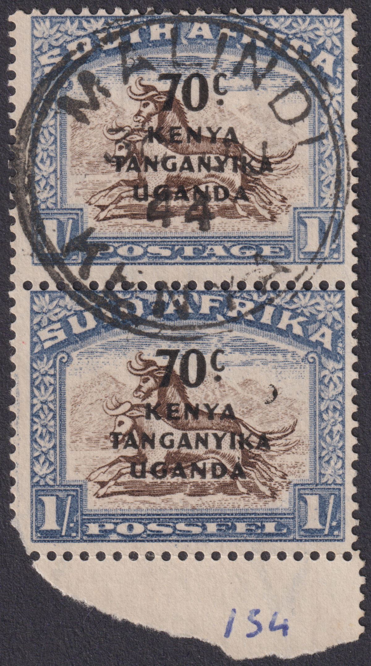 Kenya Uganda Tanganyika 1942 KGVI 70c Surch Pair Crescent Moon Flaw Used SG154a