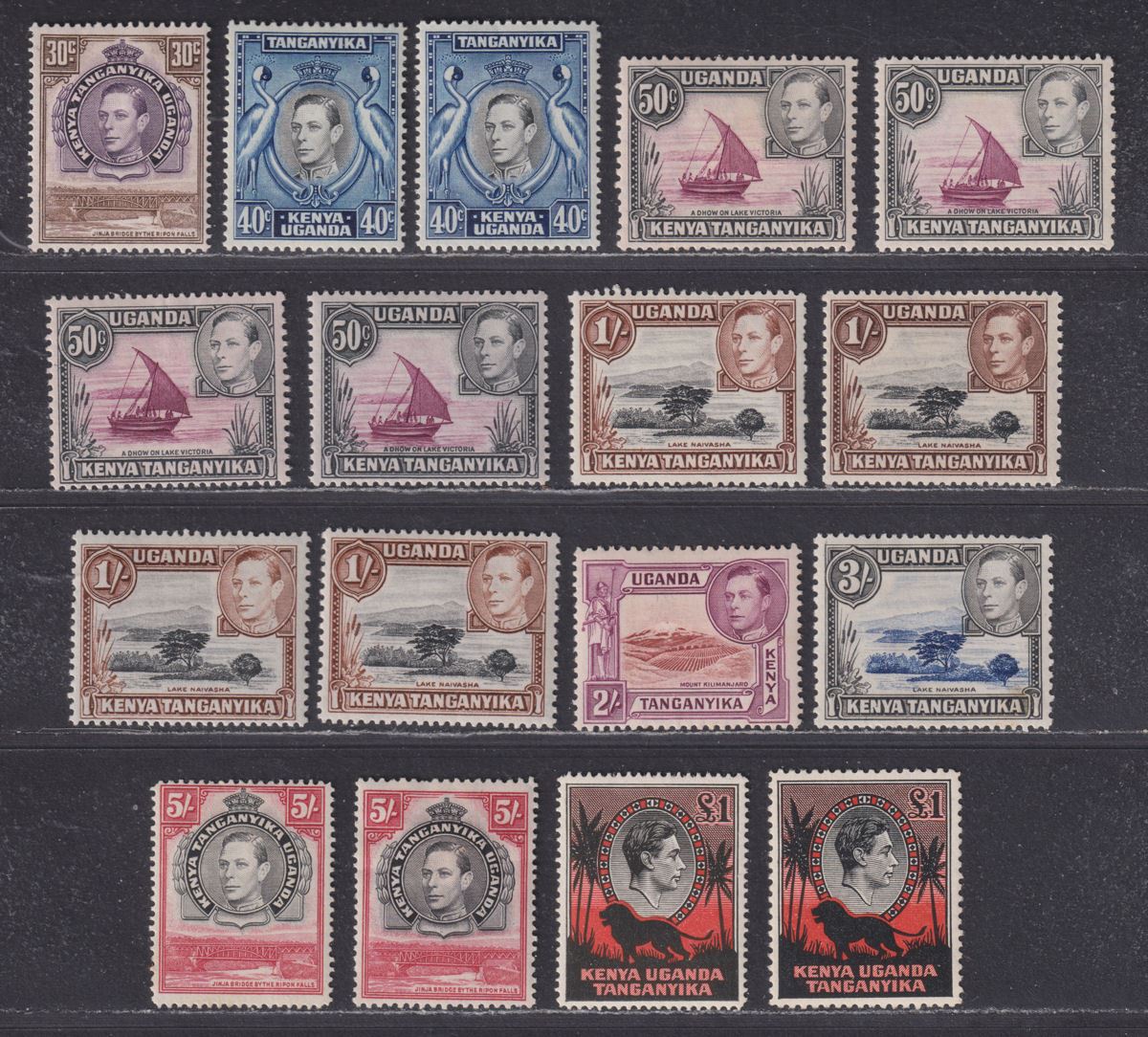 Kenya Uganda Tanganyika 1938-54 KGVI Set with Shades Mint SG131-150b cat £300+