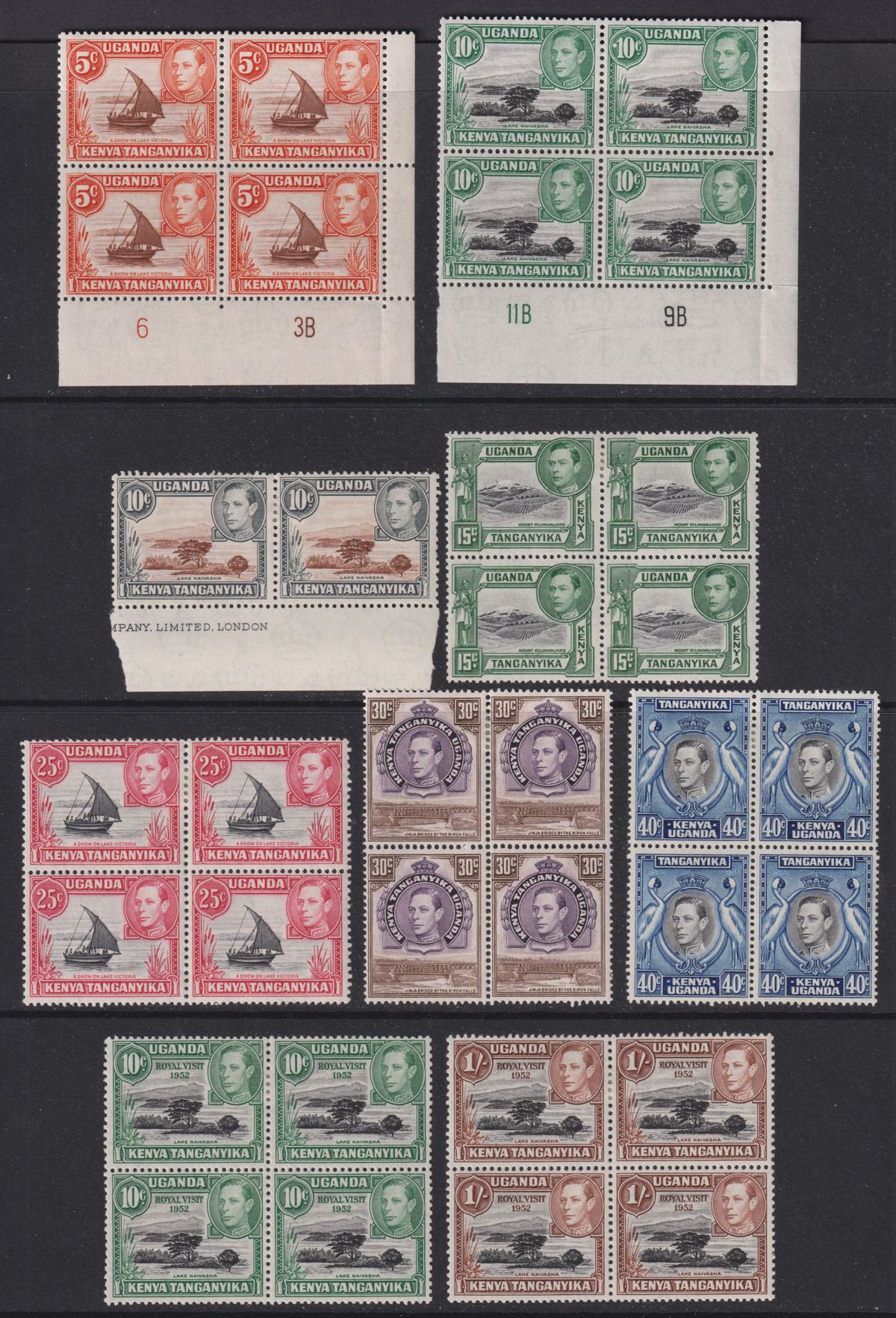 Kenya Uganda Tanganyika 1950-54 KGVI Part Set to 40c + Royal Visit Blocks Mint