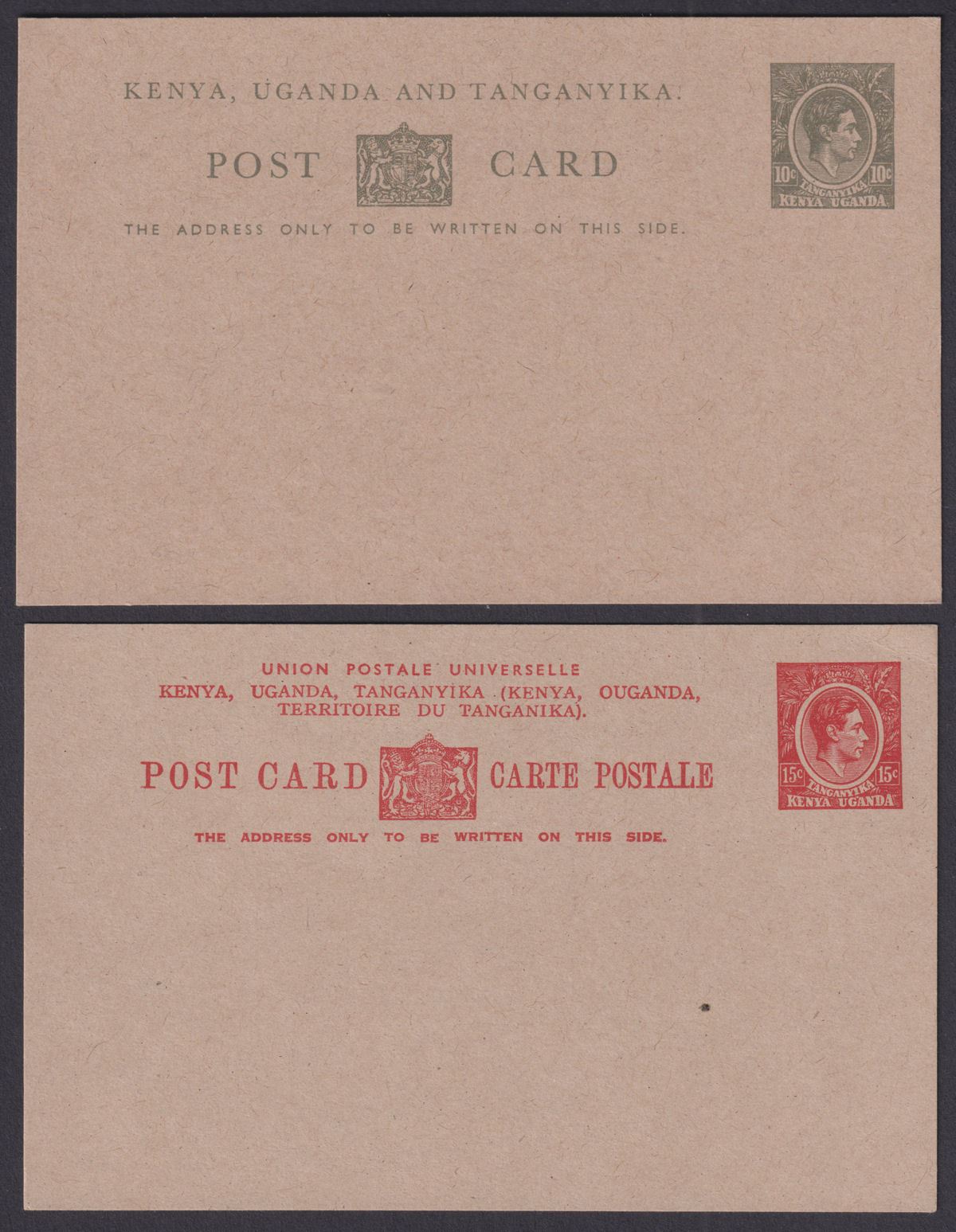 Kenya Uganda Tanganyika KGVI 10c, 15c Postal Stationery Postcards Unused