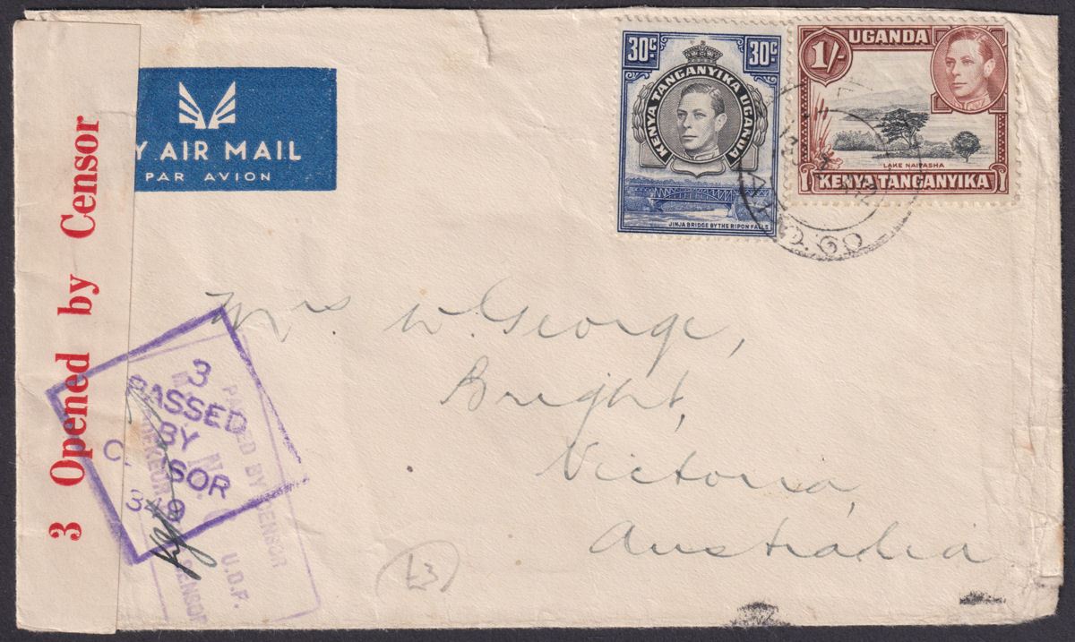 Kenya Uganda Tanganyika 1942 KGVI 1sh, 30c Used Cover APO 60 Postmark + Censors
