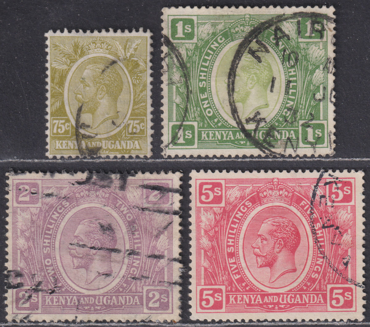 Kenya and Uganda 1922 KGV 75c, 1sh, 2sh, 5sh Part Set Used cat £56