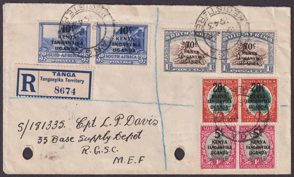 Kenya Uganda Tanganyika 1943 KGVI Surcharge Set Used on Registered Cover to MEF