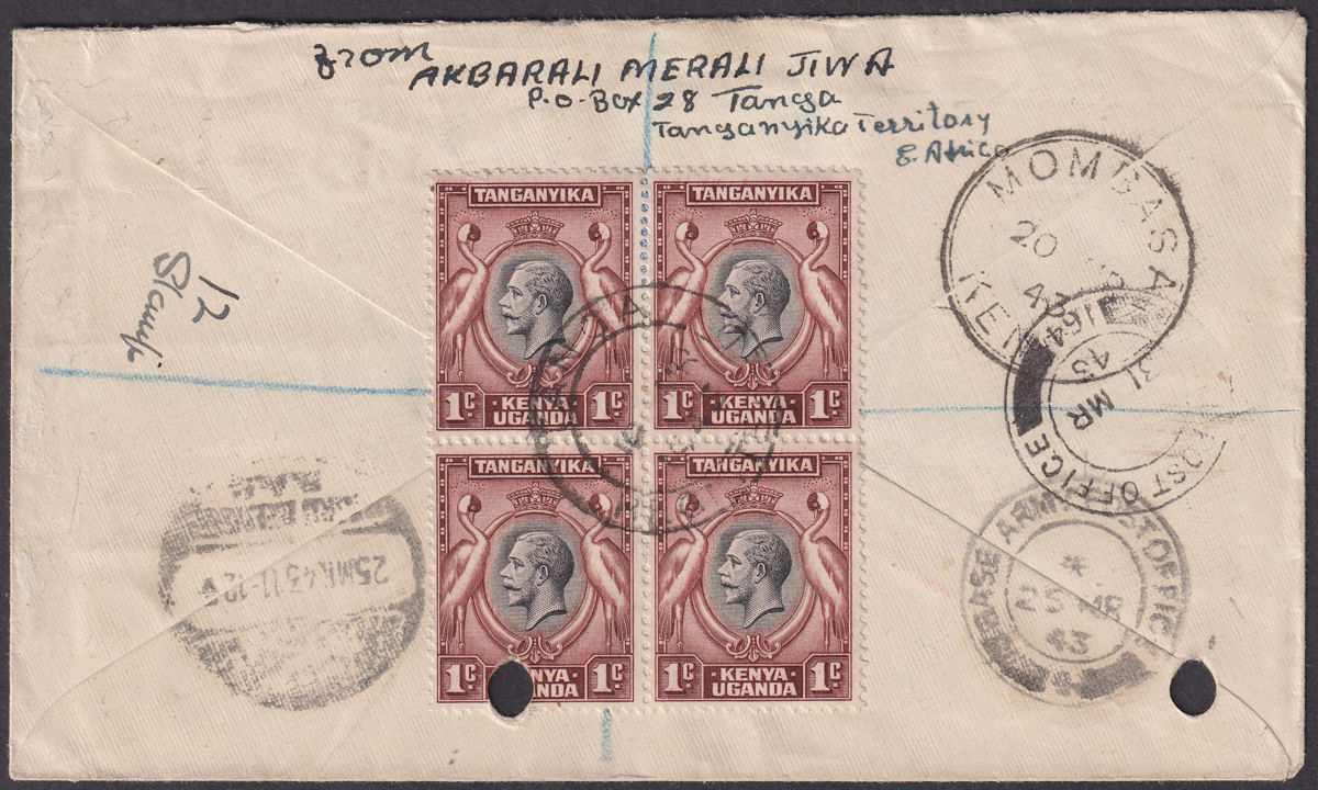 Kenya Uganda Tanganyika 1943 KGVI Surcharge Set Used on Registered Cover to MEF
