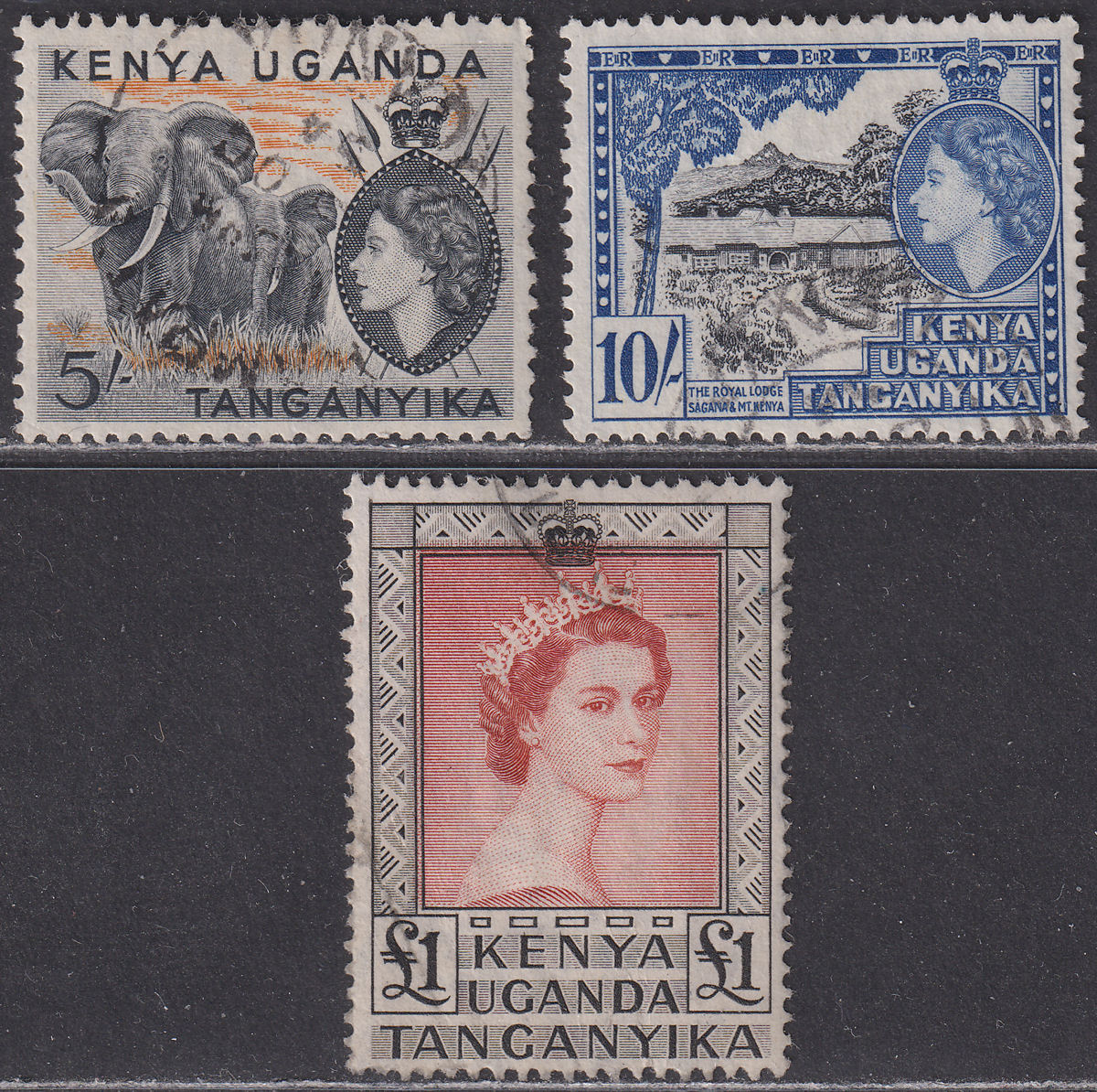 Kenya Uganda Tanganyika 1954 QEII 5sh, 10sh, £1 Used SG178-180a