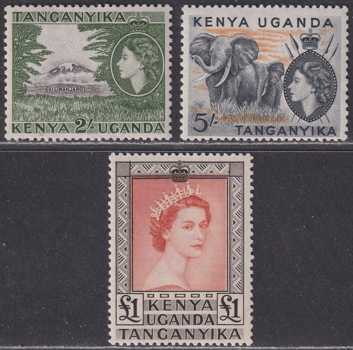 Kenya Uganda Tanganyika 1954 QEII 2sh, 5sh, £1 Mint SG177-178 SG180