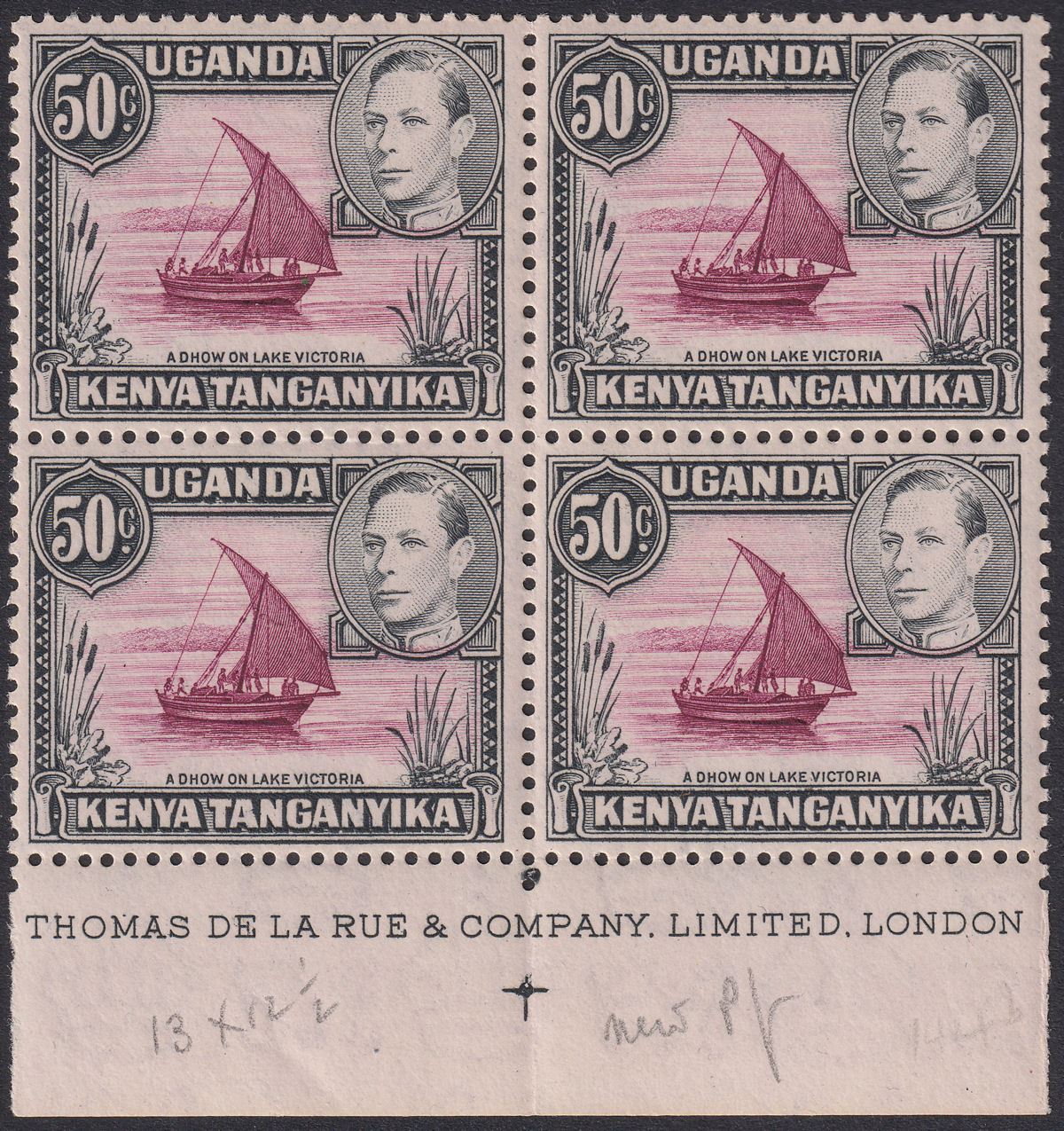 Kenya Uganda Tanganyika 1949 KGVI 50c p13x12½ Dot Imprint Block of 4 Mint SG144e