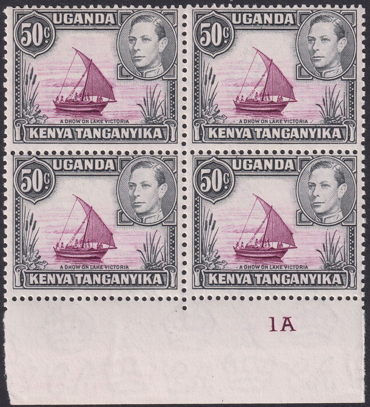 Kenya Uganda Tanganyika 1938 KGVI 50c Plate 1A p13x11¾ Block Mint SG144 cat £100