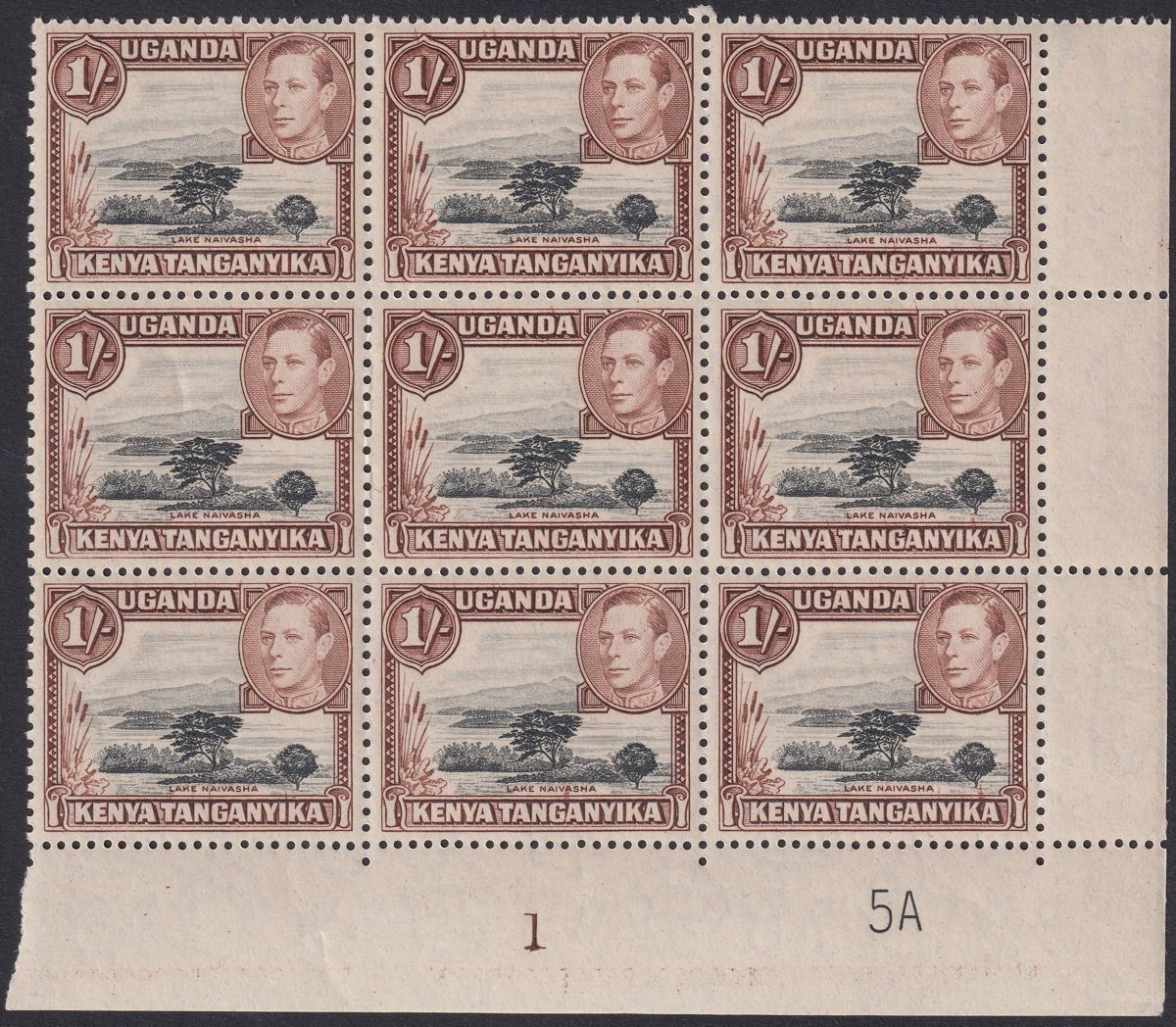 Kenya Uganda Tanganyika 1942 KGVI 1sh Plate 1 5A p13x11¾ Block Mint SG145a c£270