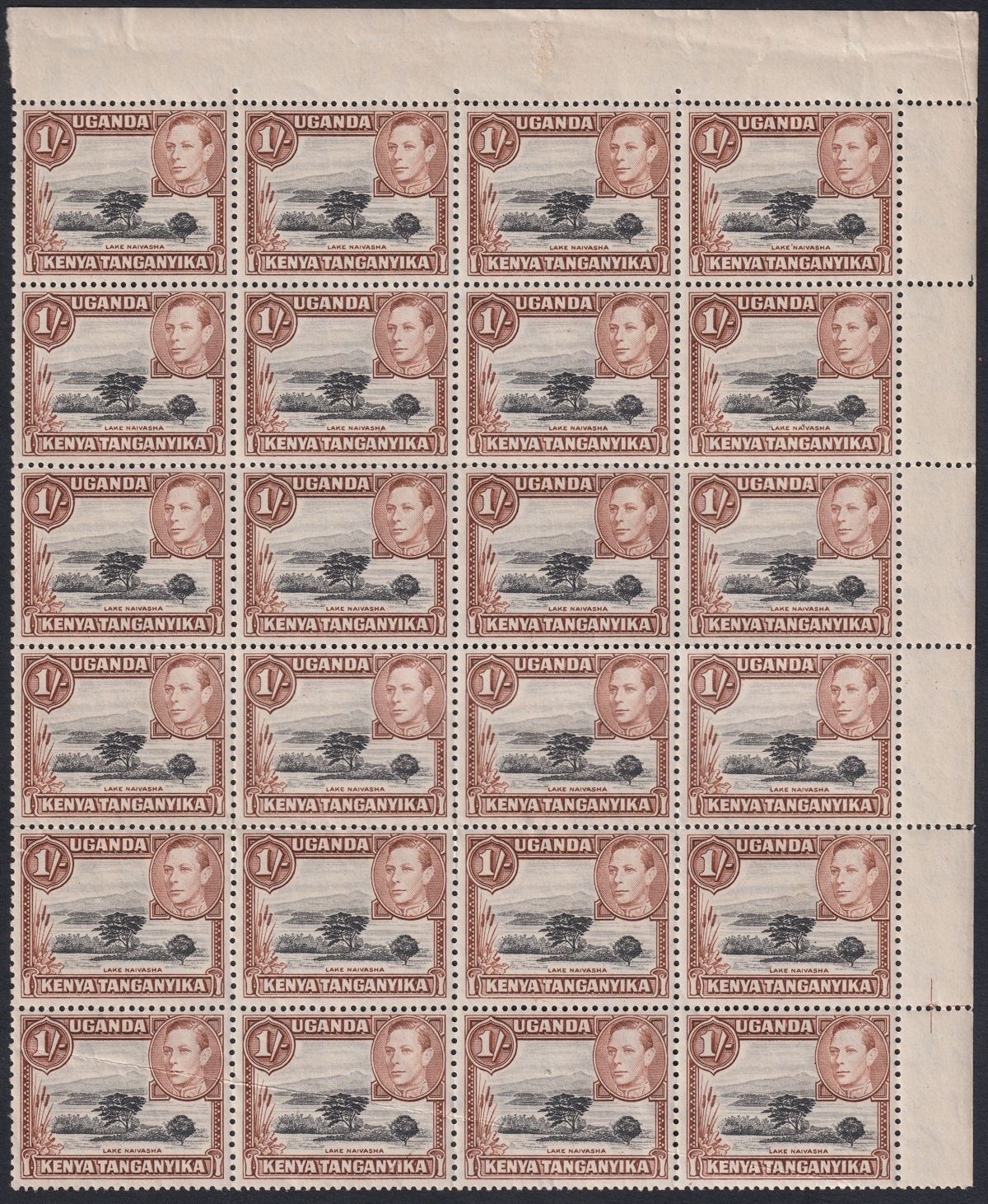 Kenya Uganda Tanganyika 1938 KGVI 1sh Yel Brn p13x11¾ Block 24 Mint SG145 c£960