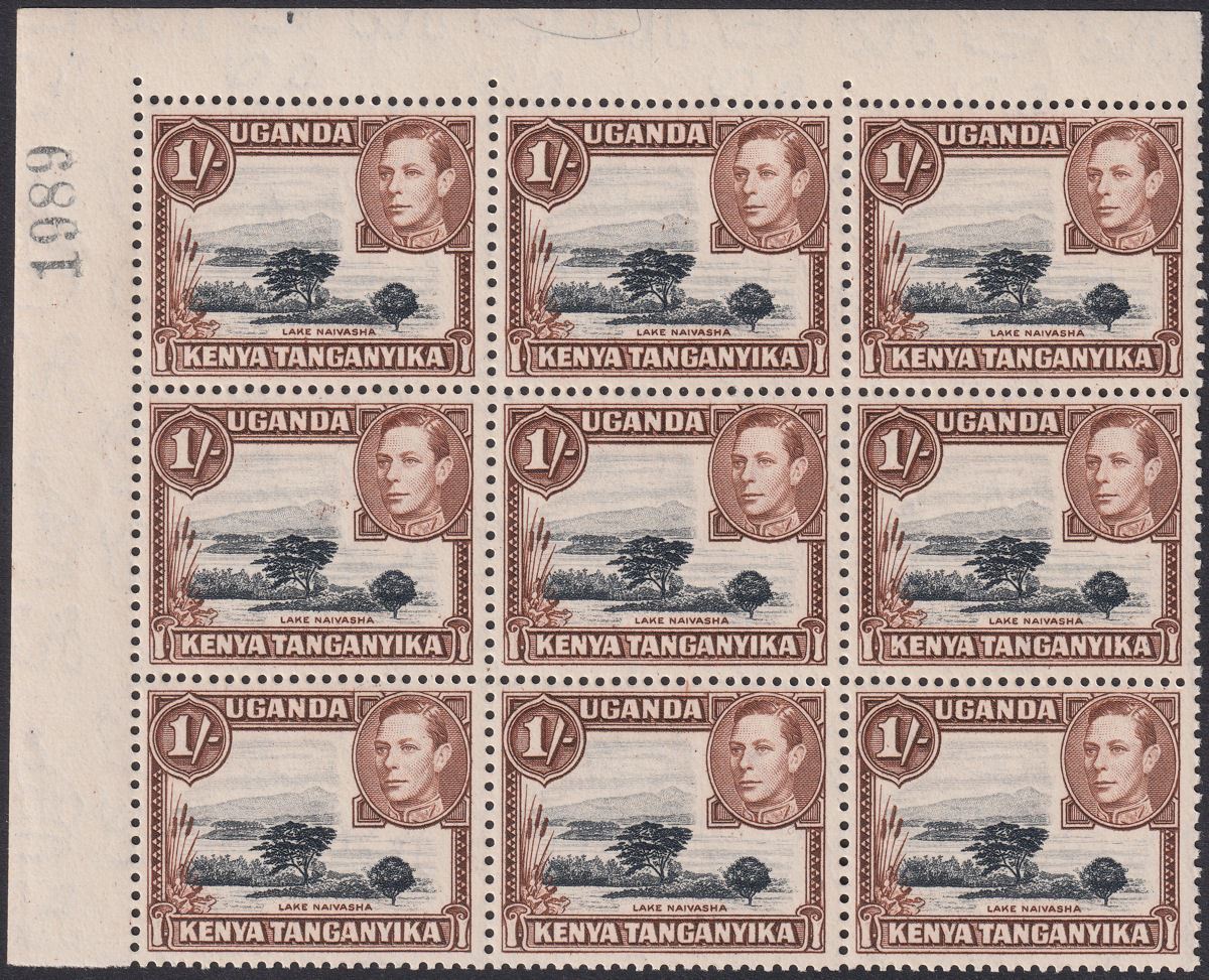 Kenya Uganda Tanganyika 1942 KGVI 1sh Sheet No p13x11¾ Block Mint SG145a c£270