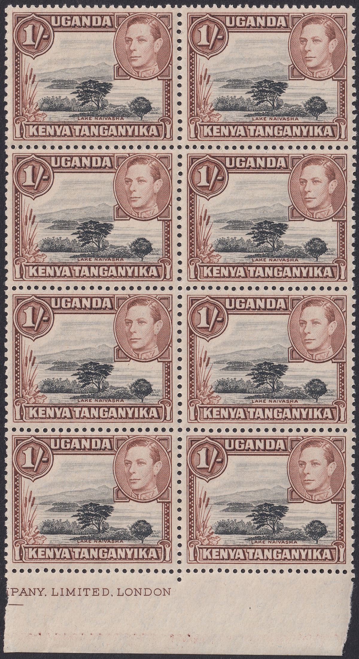 Kenya Uganda Tanganyika 1942 KGVI 1sh Pt Imprint p13x11¾ Block Mint SG145a c£240
