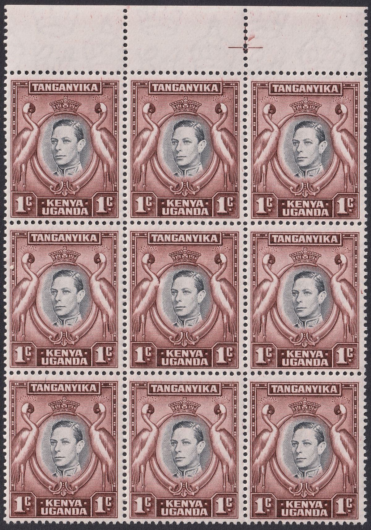 Kenya Uganda Tanganyika 1942 KGVI 1c Block w Bird's Breast Variety Mint SG131ae