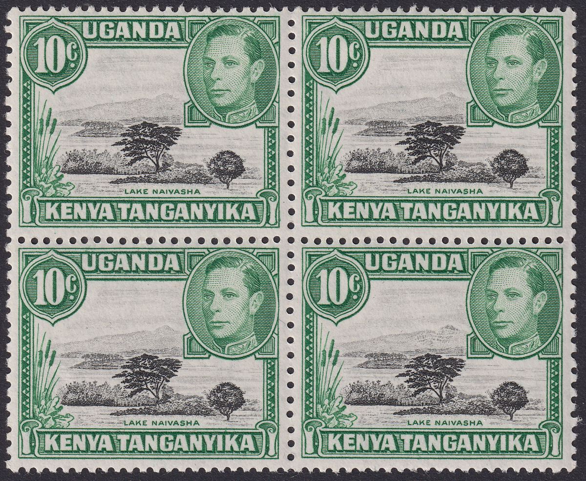 Kenya Uganda Tanganyika 1949 KGVI 10c Block w Mountain Retouch Mint SG135a c£110