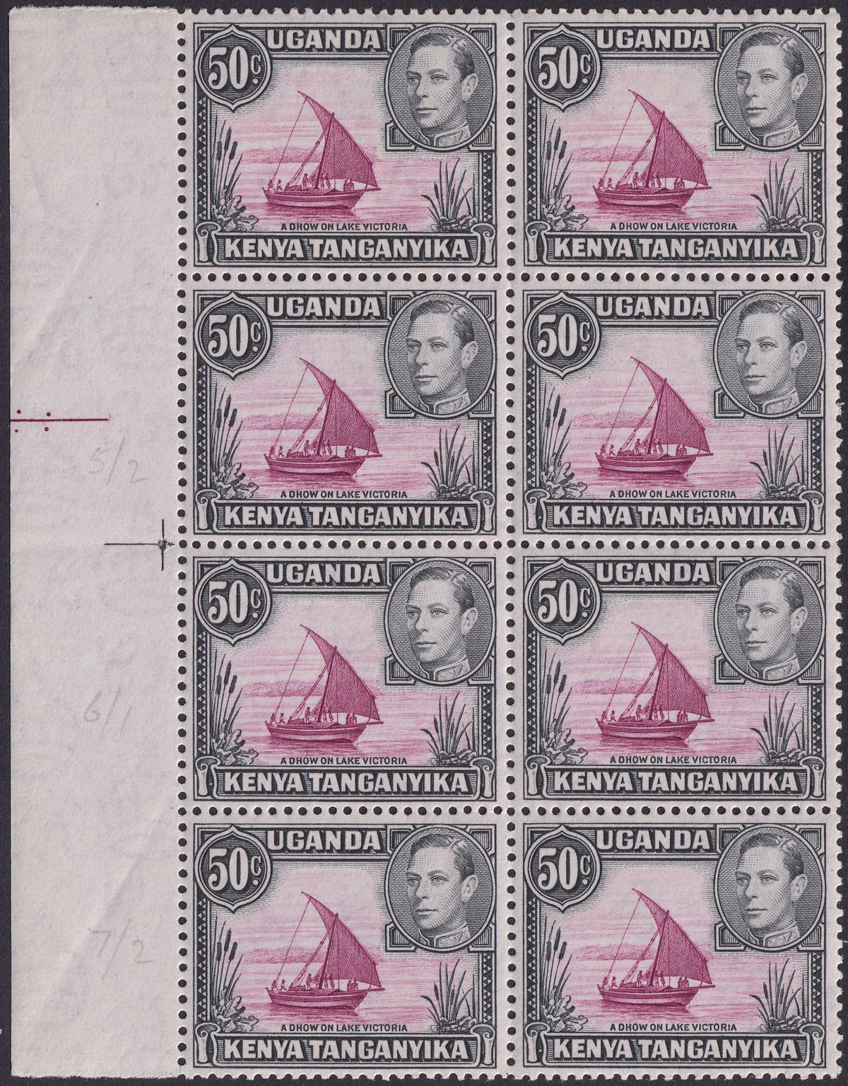 Kenya Uganda Tanganyika 1950 KGVI 50c Block Dot + No Dot x3 Mint ...