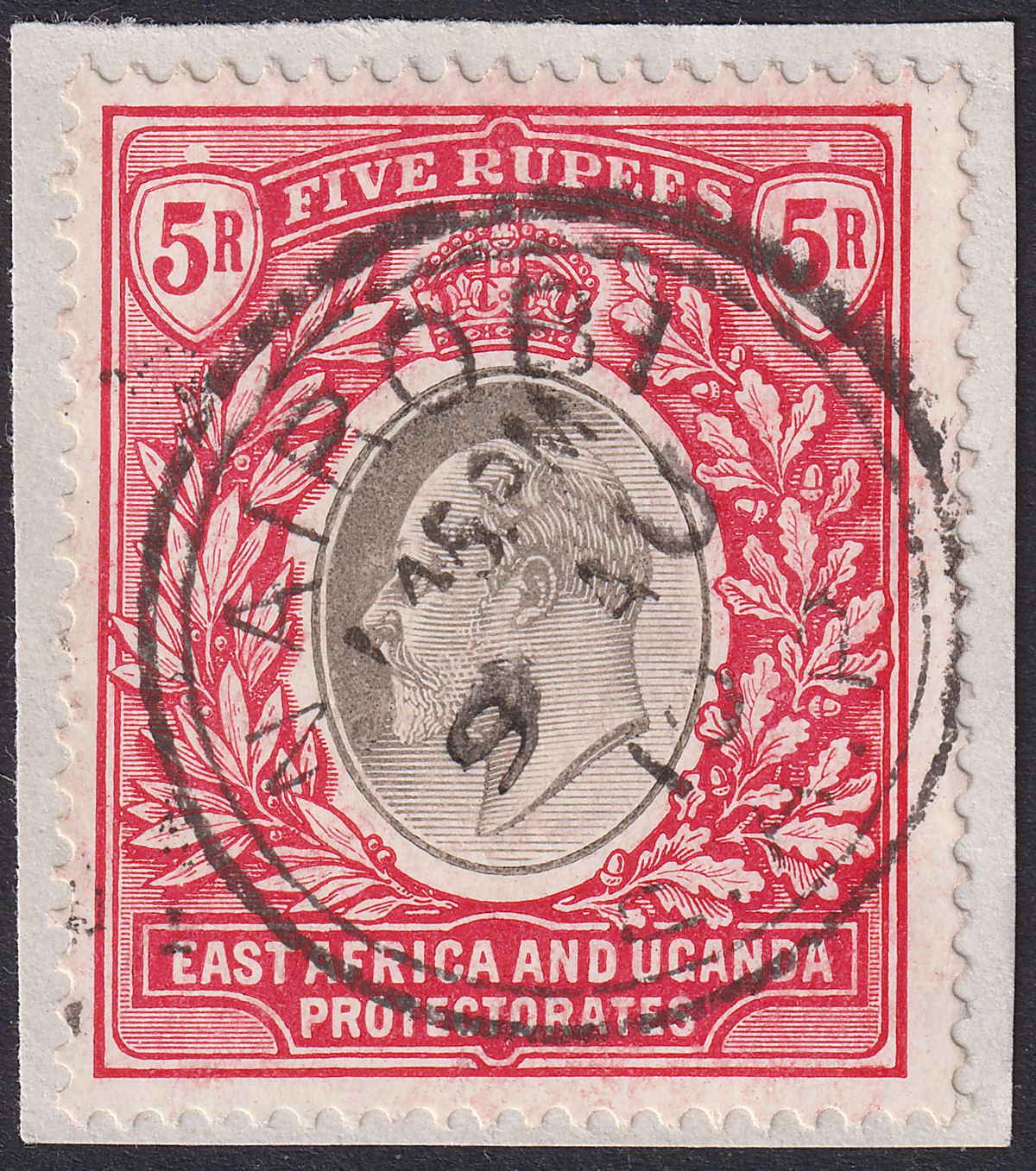 East Africa Uganda 1907 KEVII 5r Grey and Red Used on Piece SG30 cat £350