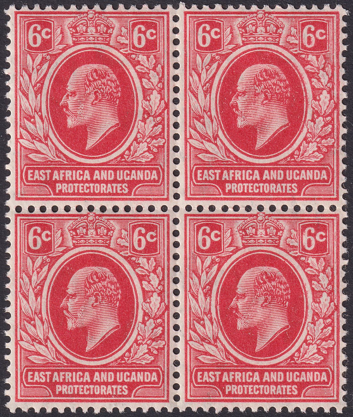 East Africa Uganda 1910 KEVII 6c Red Redrawn Block of 4 Mint SG43 cat £100