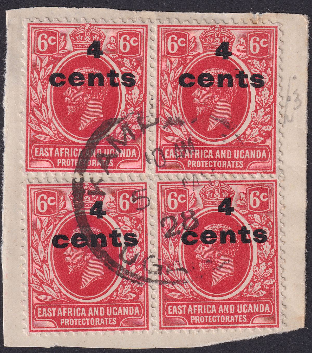 East Africa Uganda 1919 KGV 4c on 6c Bars Omitted Surch x4 Used SG64a c£280