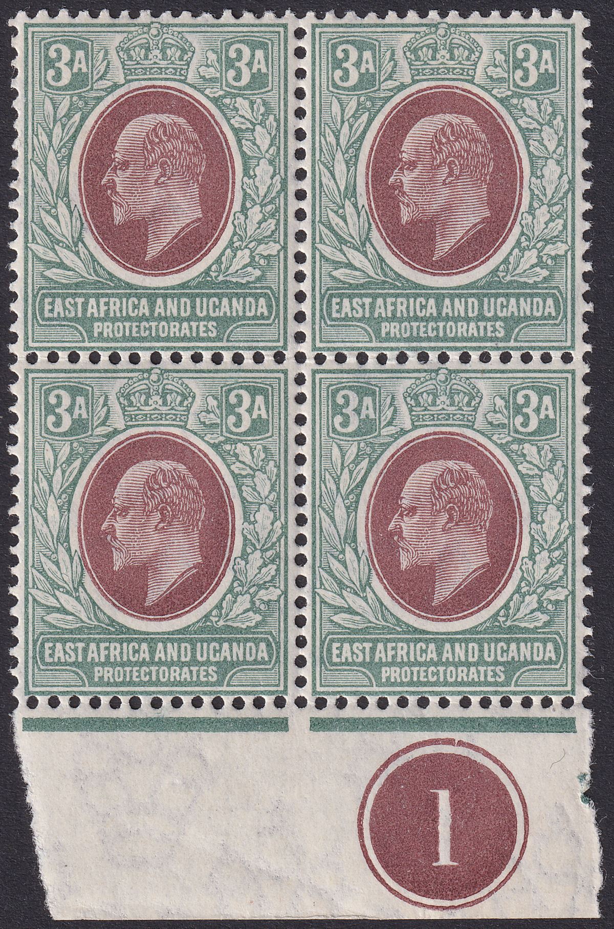 East Africa Uganda 1904 KEVII 3a Ordinary Paper Plate 1 Block of 4 Mint SG22a