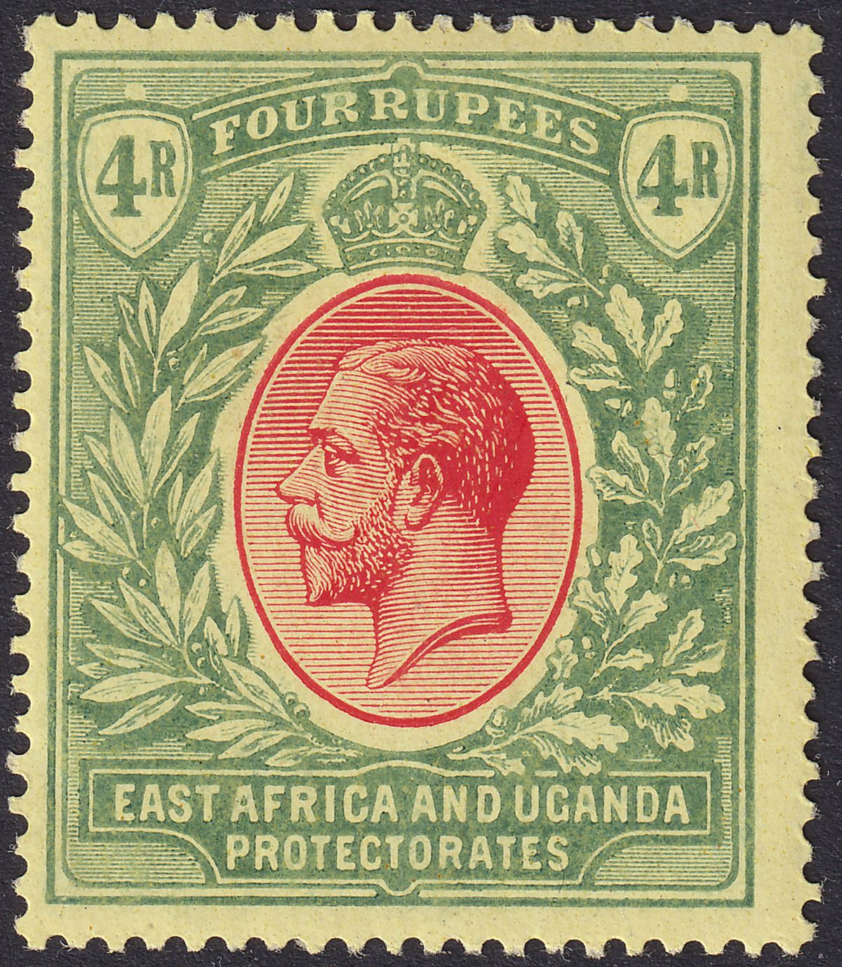 East Africa Uganda 1912 KGV 4r Red and Green on Pale Yellow Mint SG56a cat £140