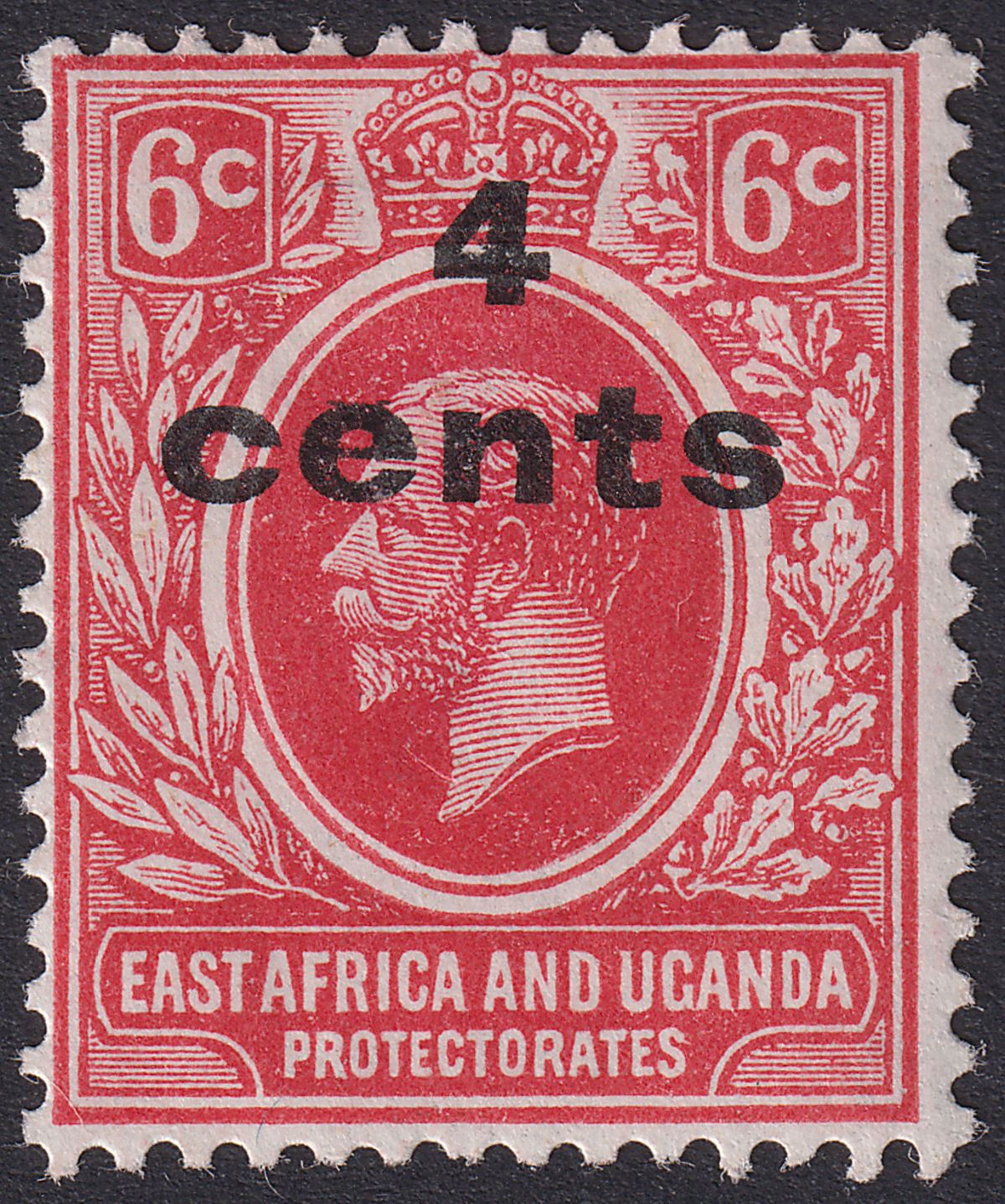 East Africa Uganda 1919 KGV 4c on 6c Bars Omitted Surcharge Mint SG64a cat £50