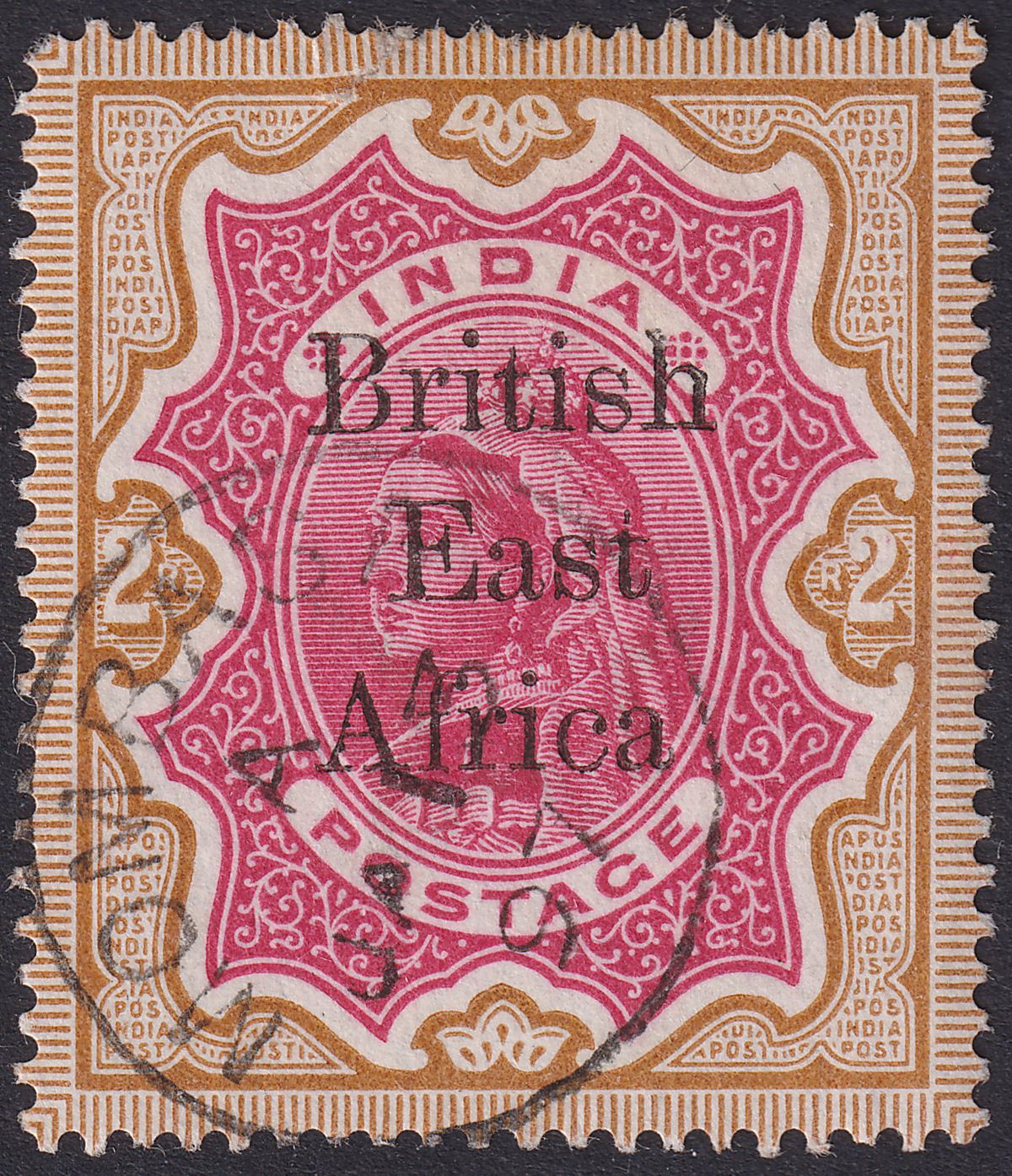 British East Africa 1895 QV Opt on India 2r Carm + Yel-Brn Used SG61 c£250 TEAR