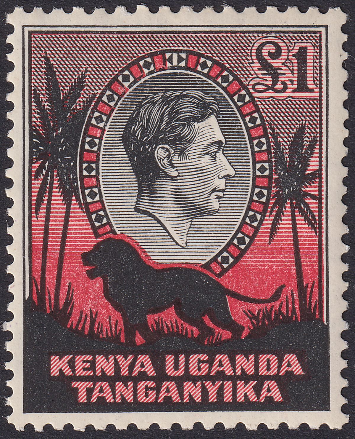 Kenya Uganda Tanganyika 1938 KGVI Lion £1 Black + Red p11¾x13 Mint SG150 cat£550