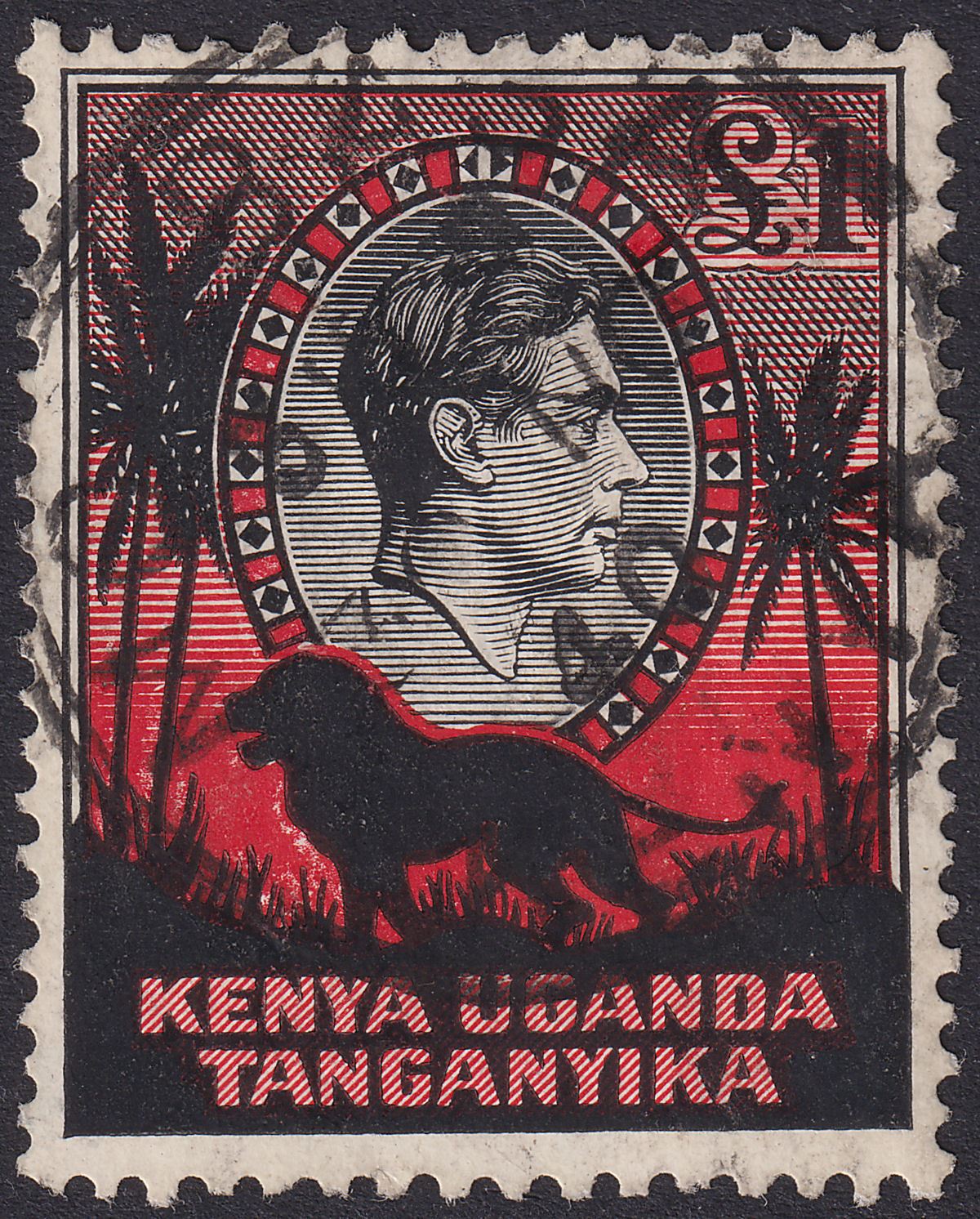 Kenya Uganda Tanganyika 1938 KGVI Lion £1 Black + Red p11¾x13 Used SG150 cat£180