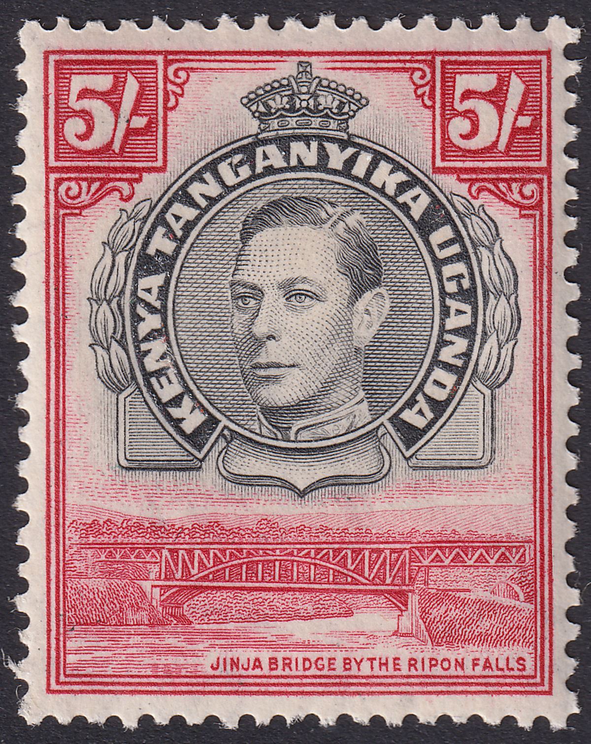 Kenya Uganda Tanganyika 1938 KGVI 5sh Black and Carmine p13¼ Mint SG148 cat £170