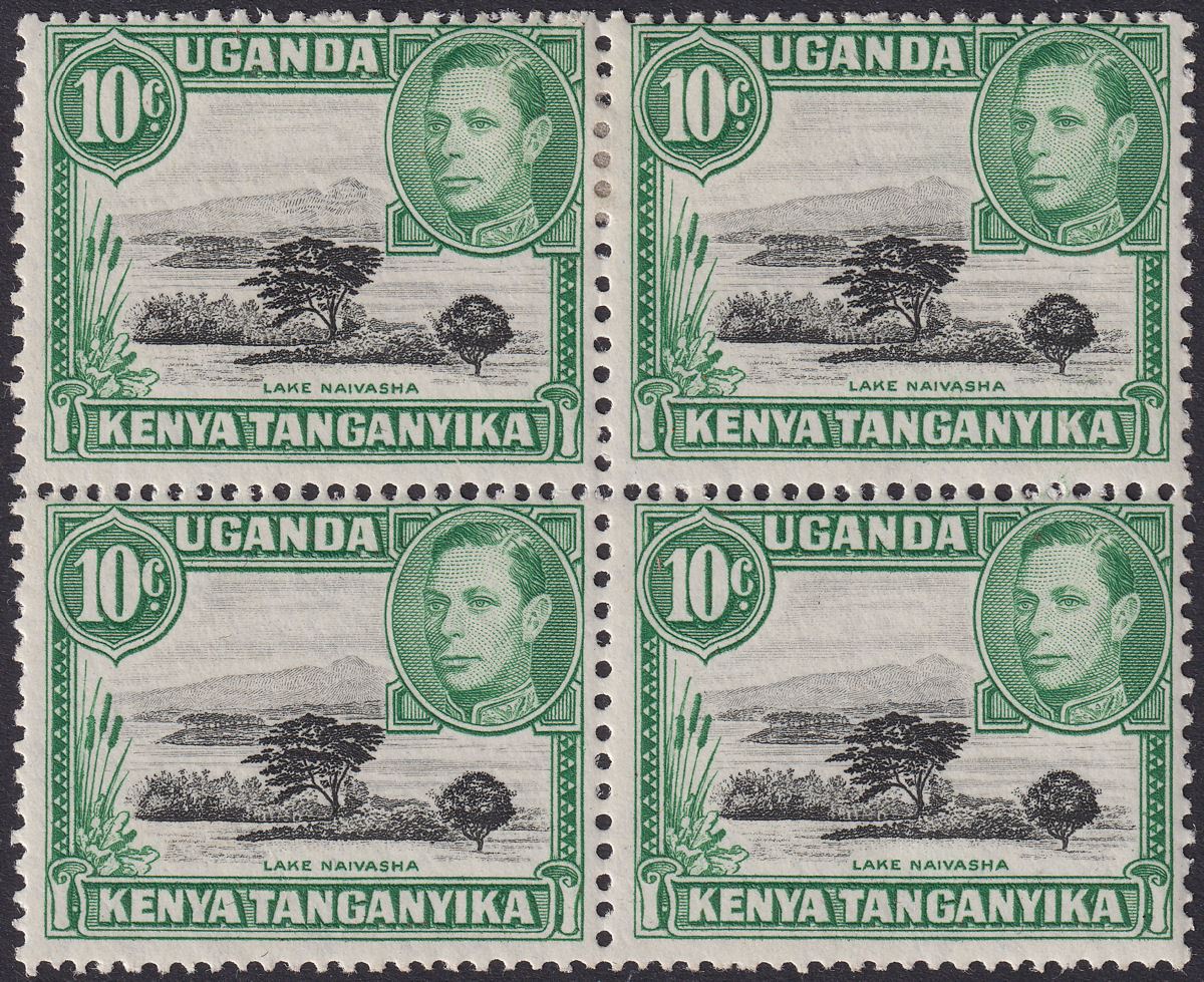 Kenya Uganda Tanganyika 1949 KGVI 10c Block w Mountain Retouch Mint SG135a c£110
