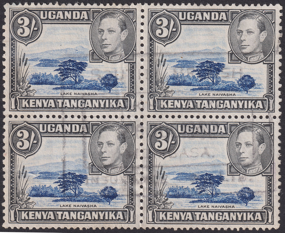 Kenya Uganda Tanganyika 1938 KGVI 3sh p13x11¾ Block Fiscally Used SG147
