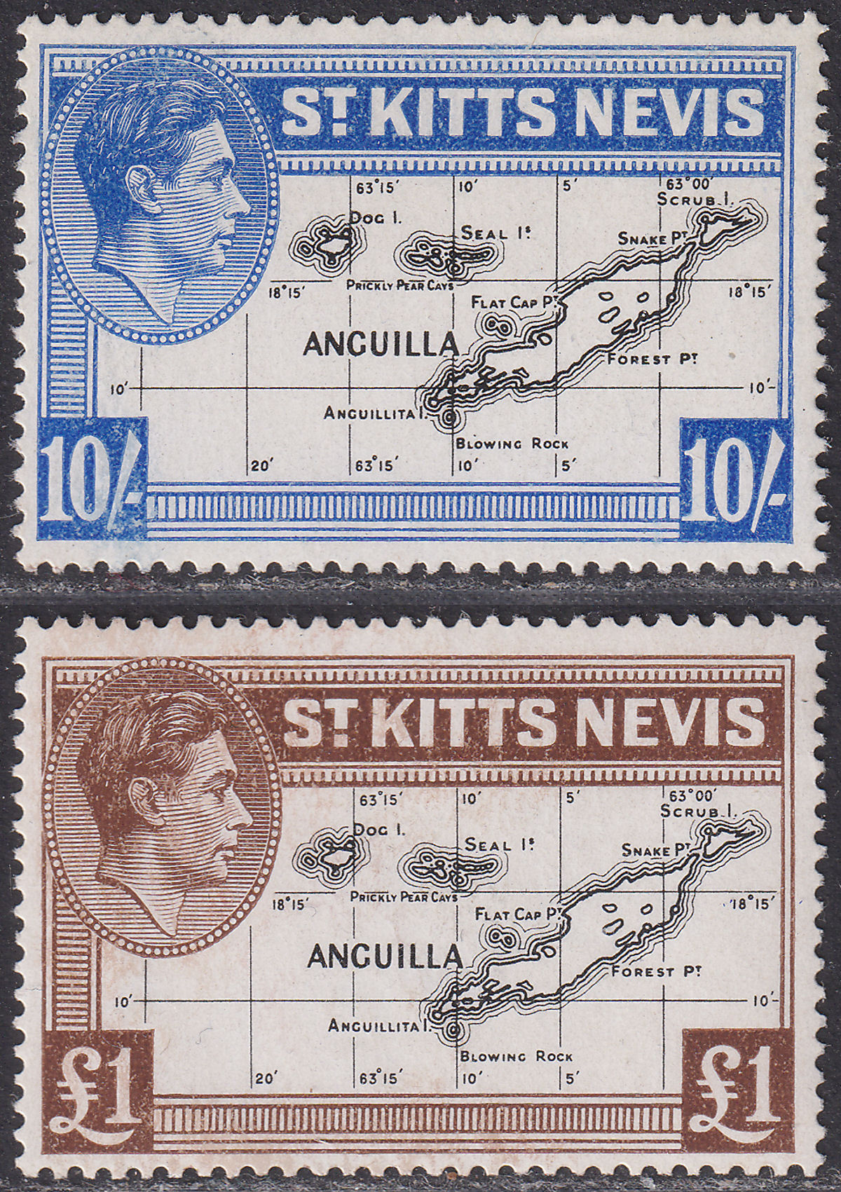 St Kitts-Nevis 1948 King George VI 10sh, £1 Mint SG77e-77f cat £50
