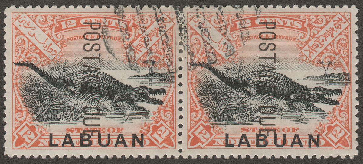 Labuan 1901 Postage Due Crocodile 12c Pair CTO Used Error Opt Read Down SG D7a