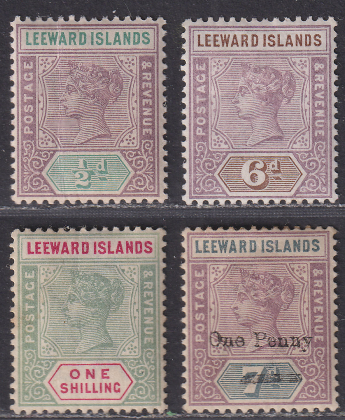 Leeward Islands 1890-1902 QV Part Set to 1sh + 1d on 7d Surcharge Mint