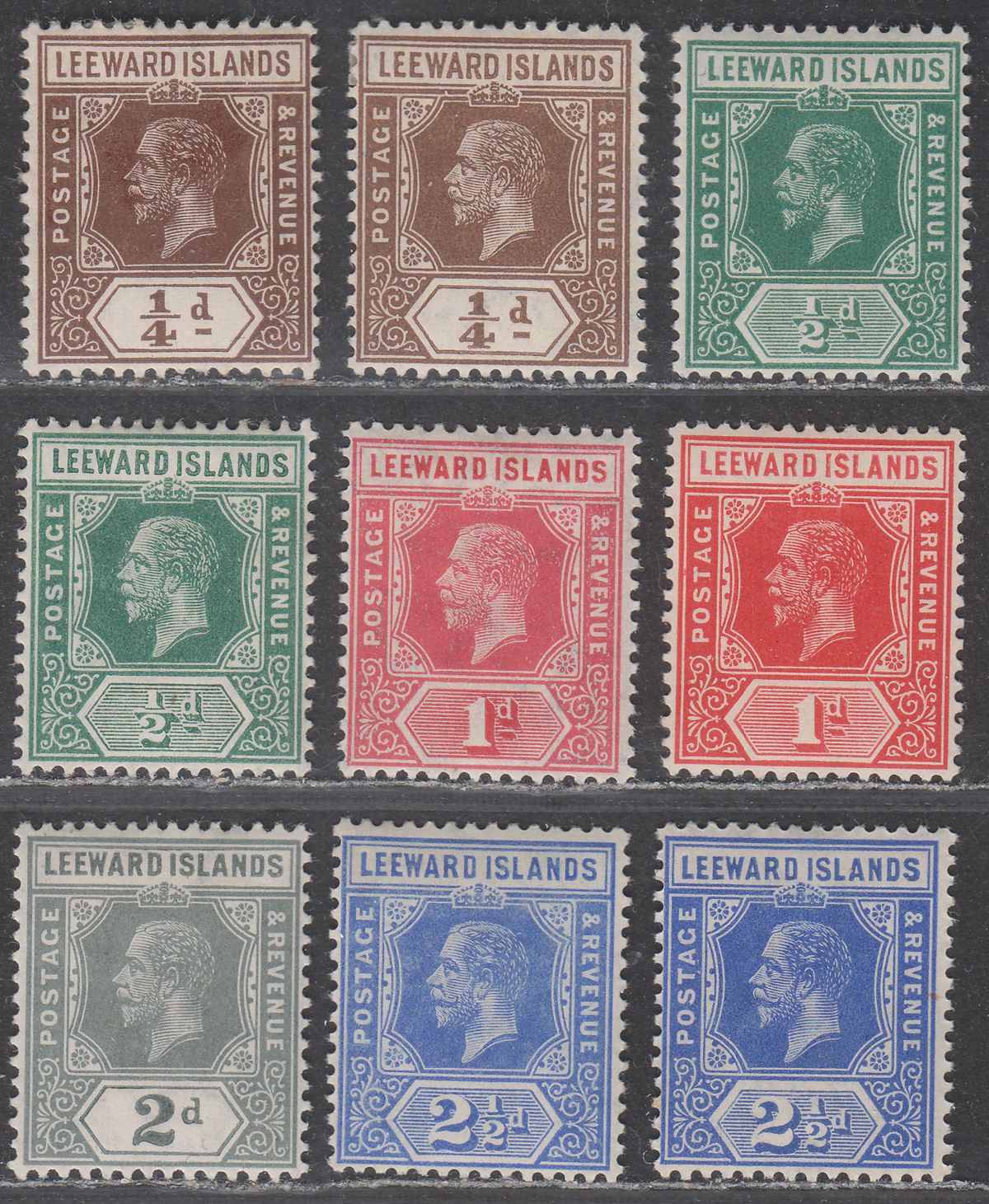 Leeward Islands 1912 King George V Set to 2½d with shades Mint SG46-50a
