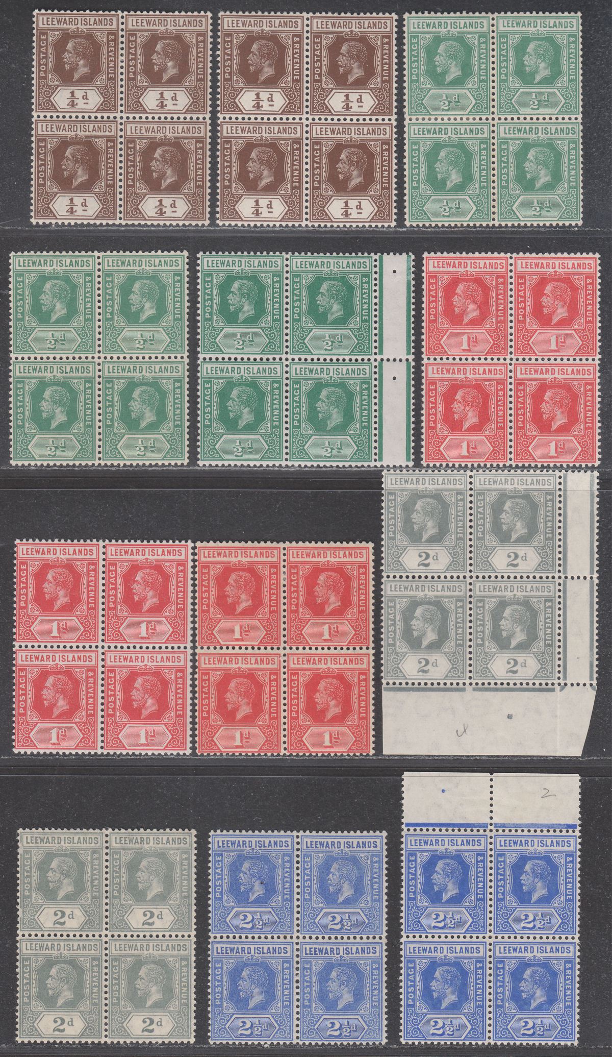 Leeward Islands 1912 King George V Block Set to 2½d with shades Mint SG46-50a