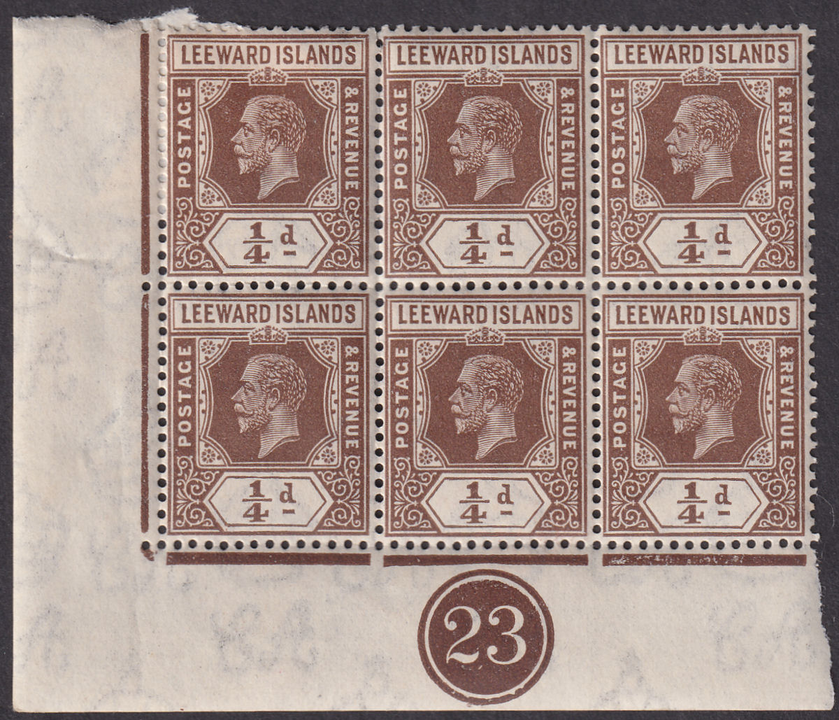 Leeward Islands 1931 KGV ¼d Brown Die I Plate No 23 Block of 6 Mint SG81 cat£120