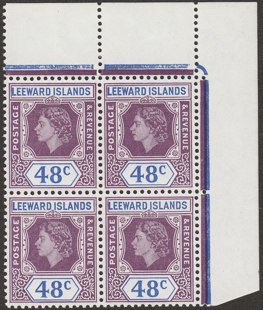 Leeward Islands 1954 QEII 48c Dull Purple and Ultramarine Four Block Mint SG136