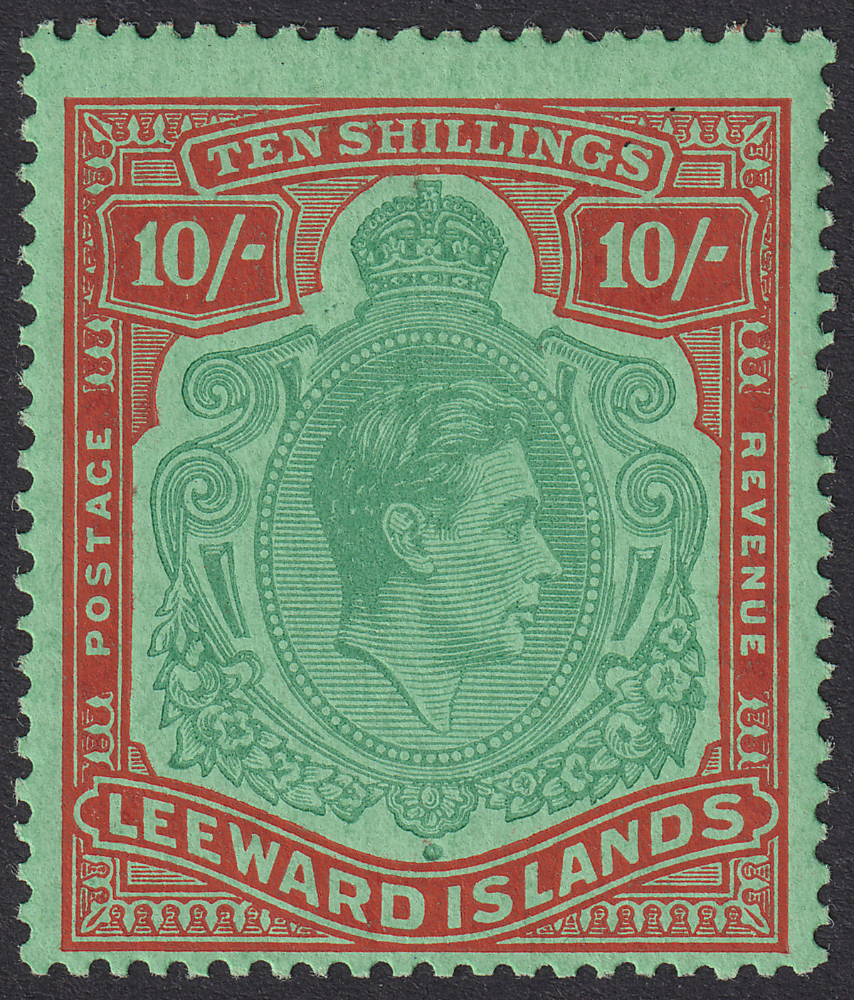 Leeward Islands 1944 KGVI 10sh Deep Green + Deep Vermilion Mint SG113c c£100