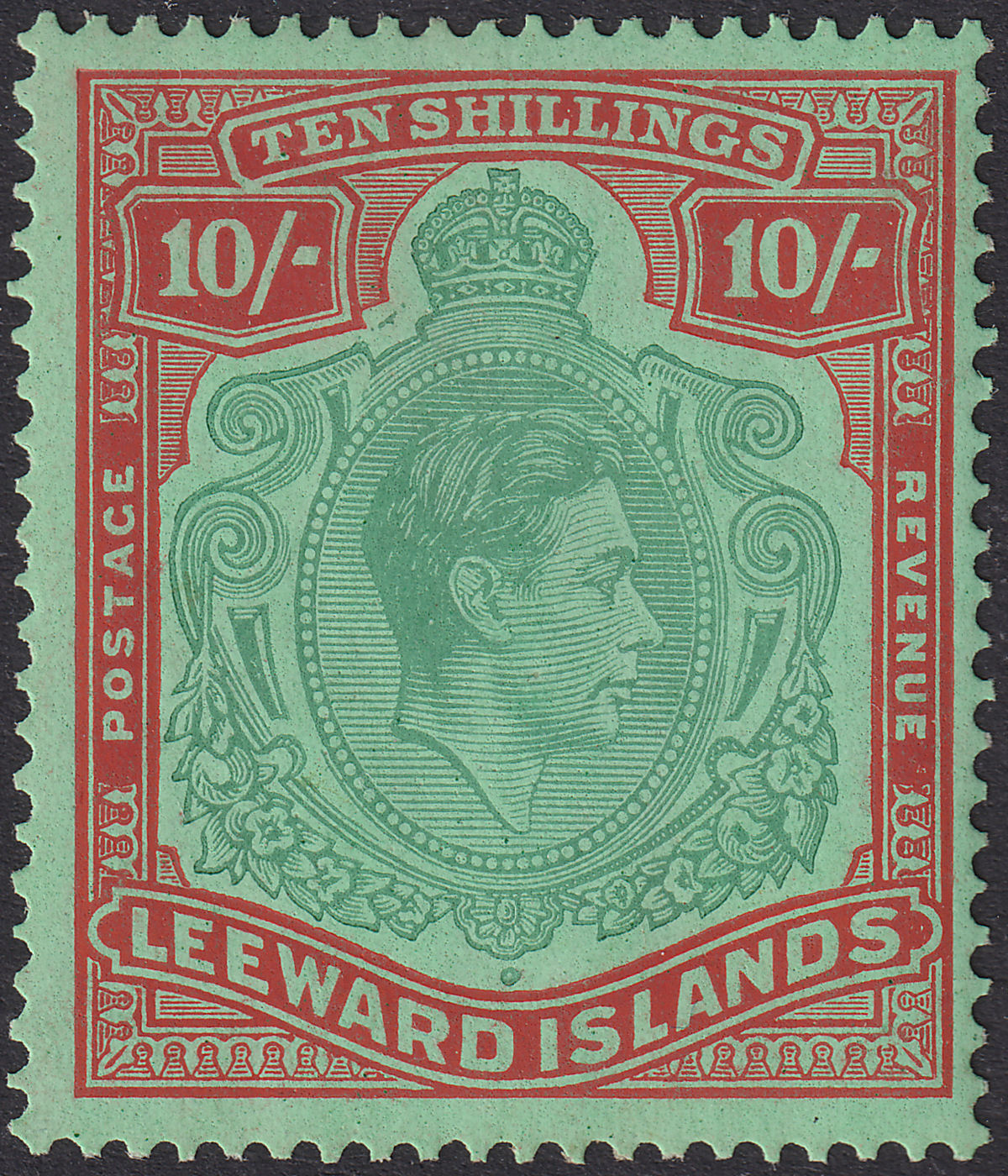 Leeward Islands 1943 KGVI 10sh Green and Red Ordinary Paper Mint SG113b cat £150